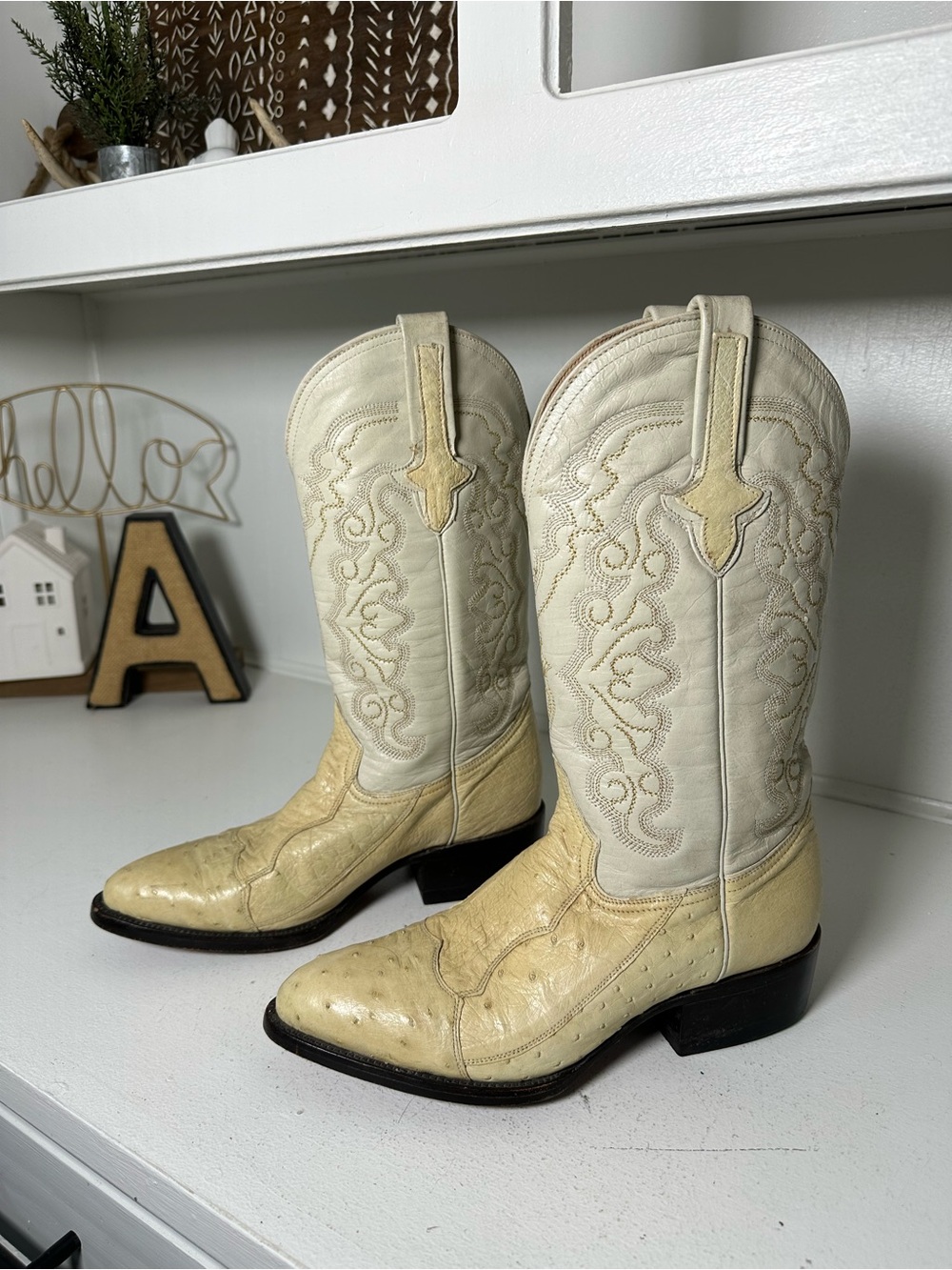 Pistolero Cowboy Boots Womens 6 Cream Ostrich Print Leather Western Made Mexico